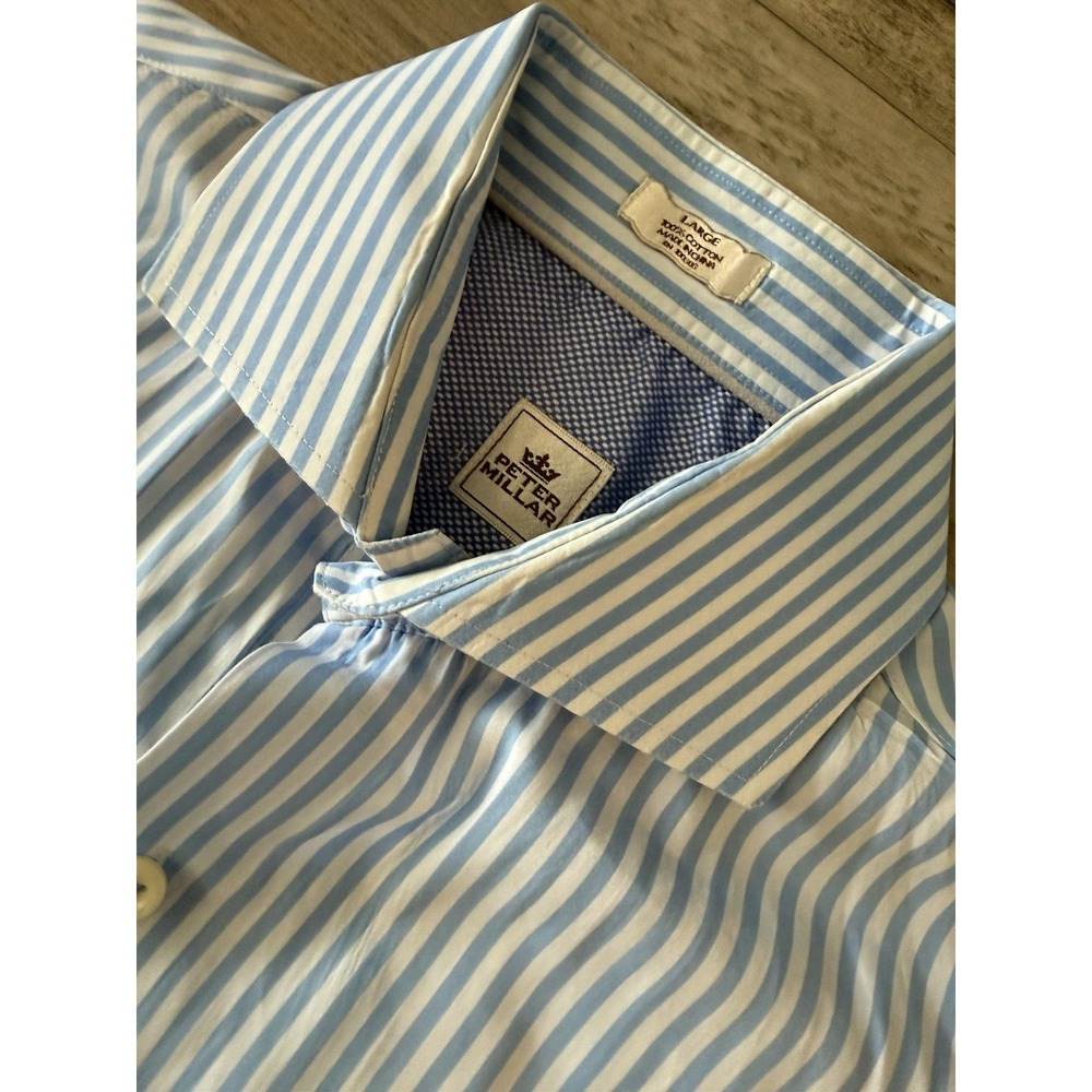 Peter Millar Dress Shirt Mens Large Blue White Stripe Button Front READ